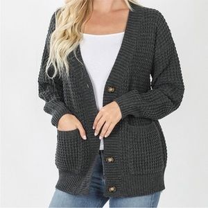 NEW Charcoal Waffle-Knit warm cozy Button-Up Double Pocket Cardigan v neck